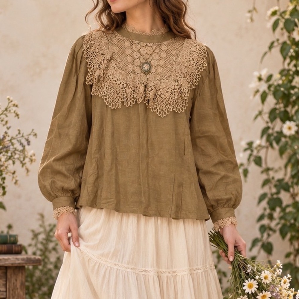Vintage Cloak of Many Colors Linen Lace Victorian Cottagecore Blouse Moss g5